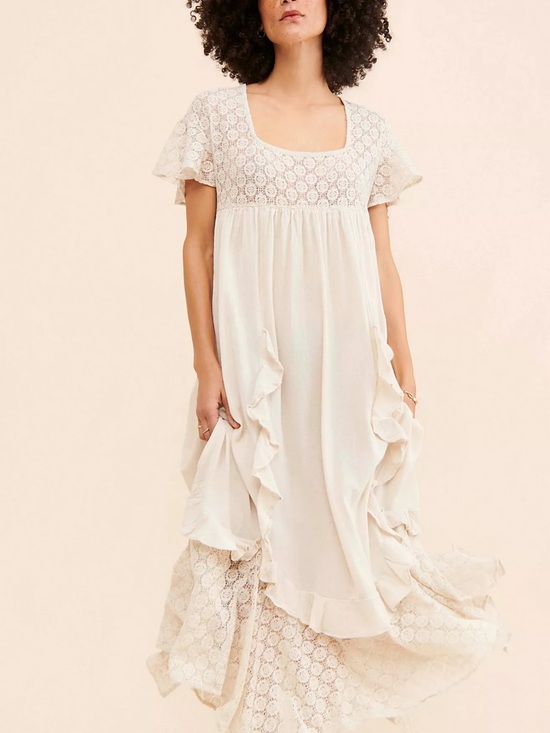 Free People Dresses & Skirts - Free People Cream Lace Maxi Dress with Ruffle Details